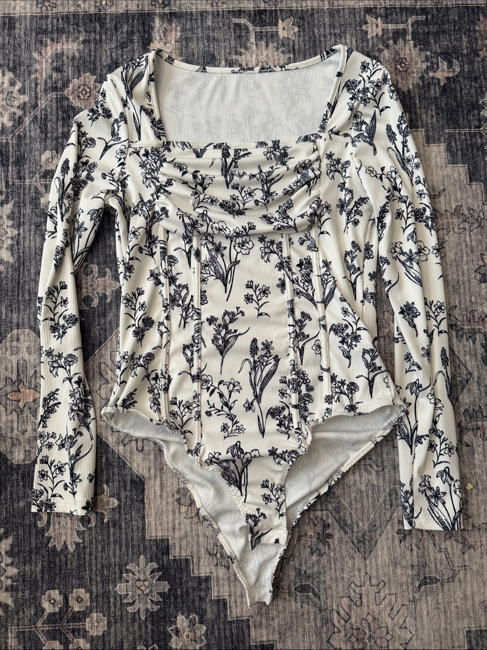 Floral Long-Sleeve Bodysuit - Black on Cream